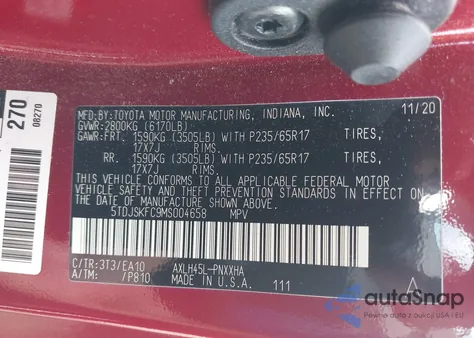 2021 Toyota Sienna Xle from USA, damaged, VIN 5TDJSKFC9MS004658